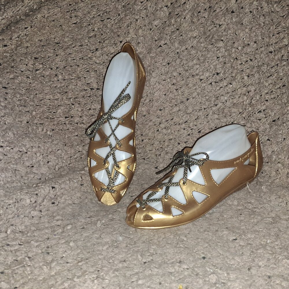 MARC BY MARC JACOBS-1980s Gold Jelly Wedge Shoes Sandals-Lace Up-Sz 40-Near Mint